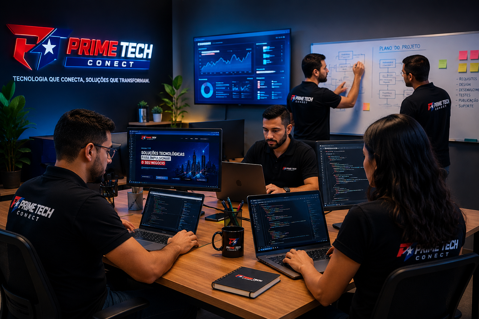 Equipe Prime Tech Conect trabalhando em soluções digitais